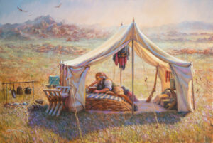 painting by William suys of a tent in a field with a person leaning across a bed