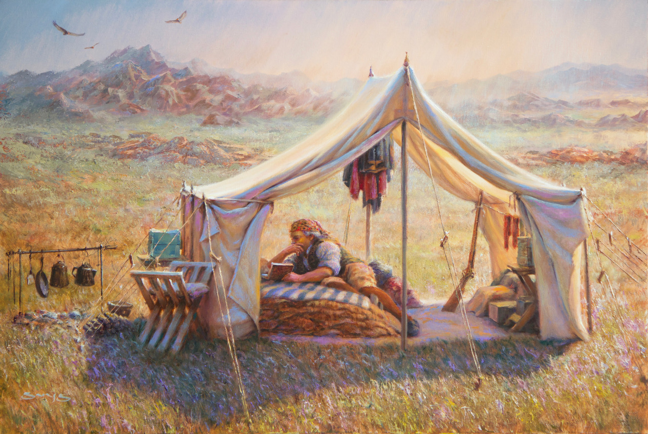 painting by William suys of a tent in a field with a person leaning across a bed