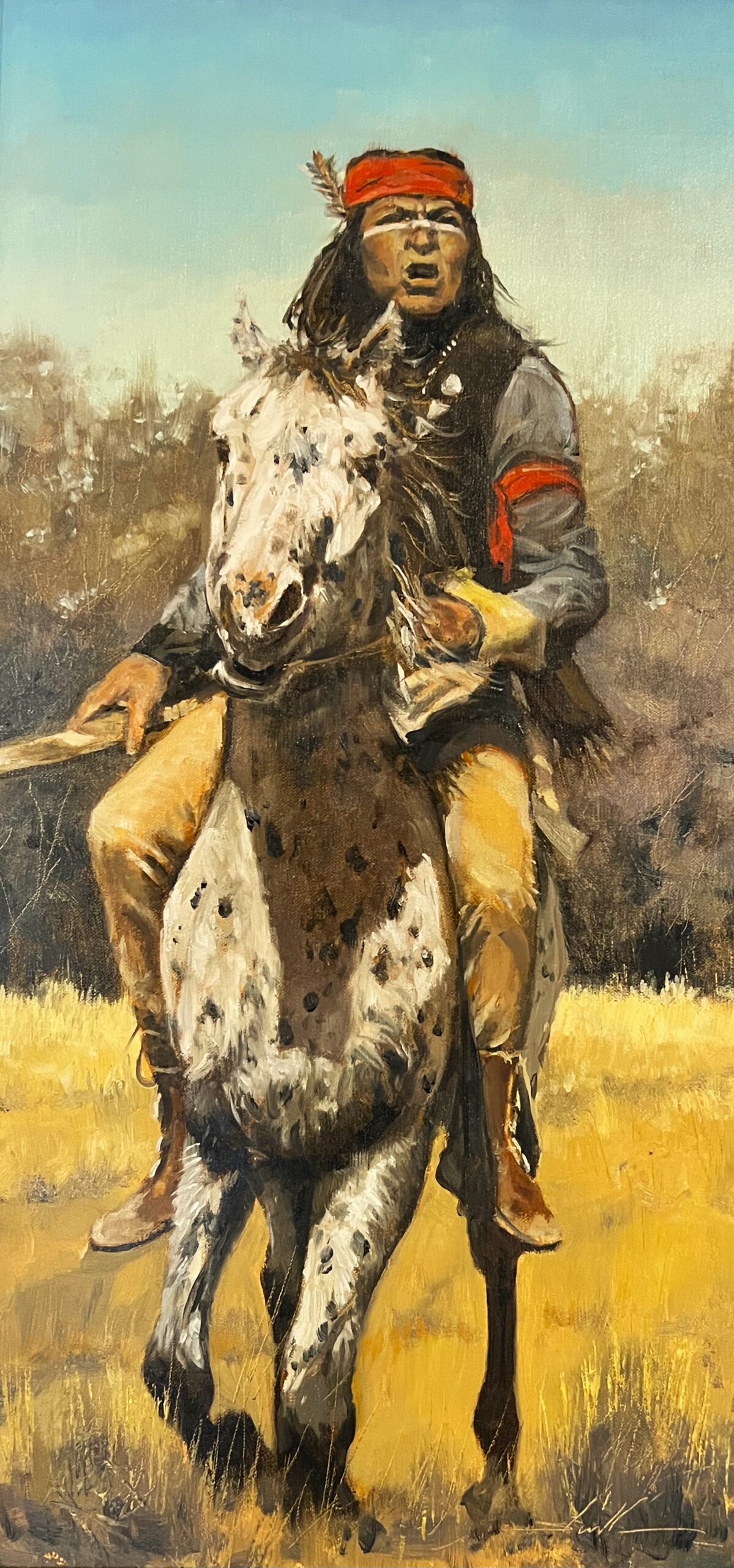 painting by stephen stauffer of a native american riding. a horse.