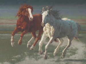 Oil painting titled 'Twin Suspension' by Greg Beecham, depicting two powerful horses galloping side-by-side across a field. On the left, a rich chestnut horse with a white blaze; on the right, a muscular white horse kicking up dust. Their wild manes blow in the wind against a minimalist background of soft, horizontal color bands.