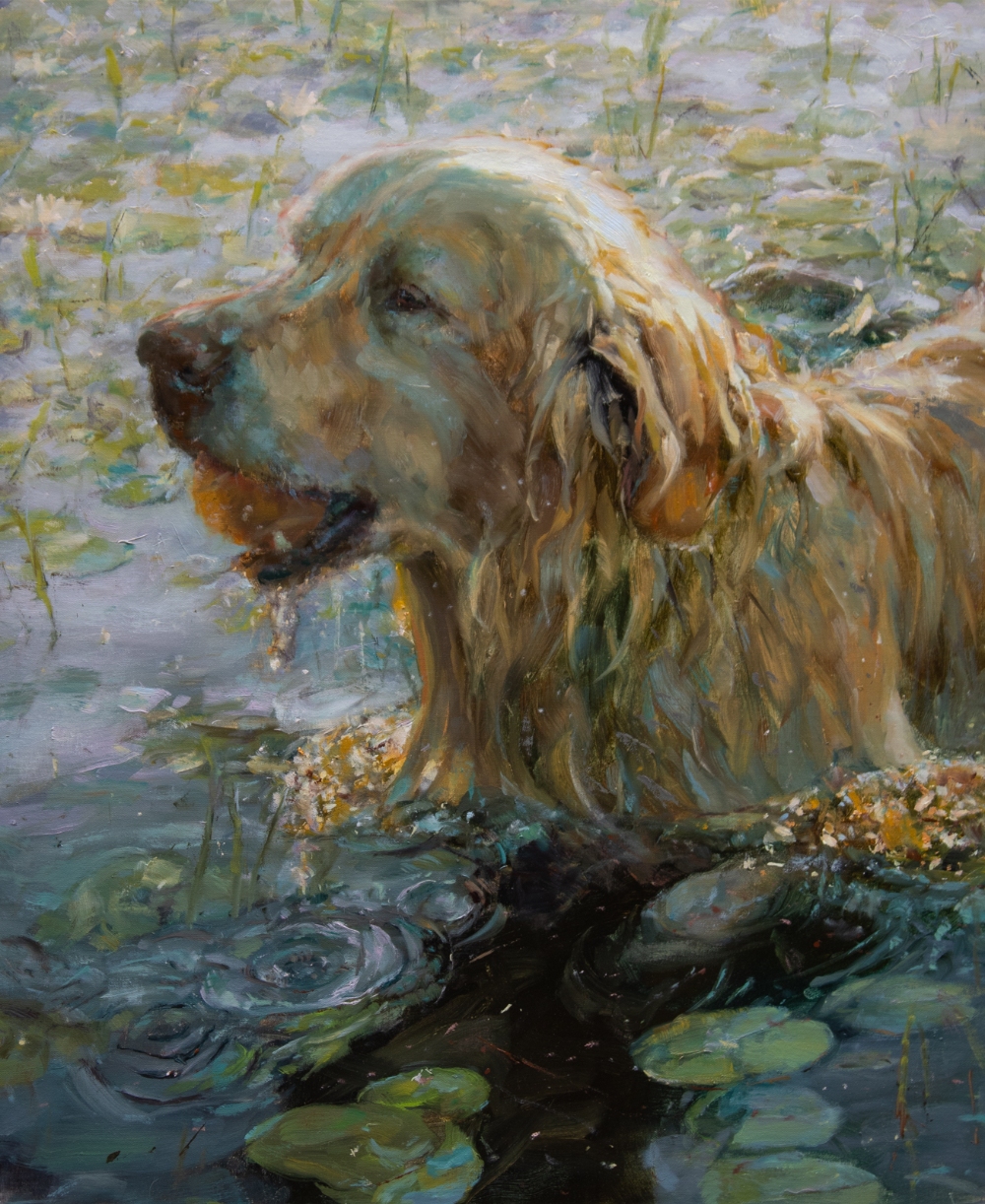 An impressionistic oil painting titled 'Wade in the Water' by James Swanson, depicting the profile of a golden retriever wading through a calm pond. The dog has a ball in its mouth, and its wet, shaggy fur is rendered with thick, expressive brushstrokes. The surrounding dark water features realistic ripples, floating green lily pads, and soft reflections of light.