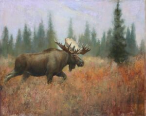 figural painting by Lori McNee of a Moose walking through a field