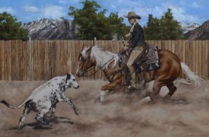 figural painting by Yun Wei of a cowboy on a cutting horse roping a calf