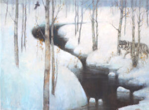 landscape painting by Lori McNee od.a small creek bounded by snowy banks and small trees