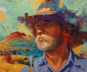 figural painting by Stevee Atkinson of a cowboy or rancher wearing a hat