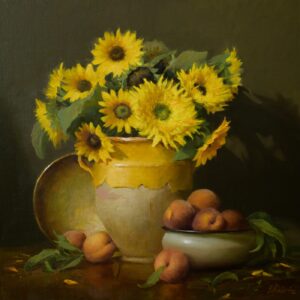 stilllife painting by Elizabeth Robbins of a bunch of sunflowers in a large pottery vase