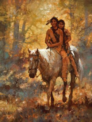 figural painting by C Michael Dudash of a young native american mand and woman riding on a horse through fall foiliage