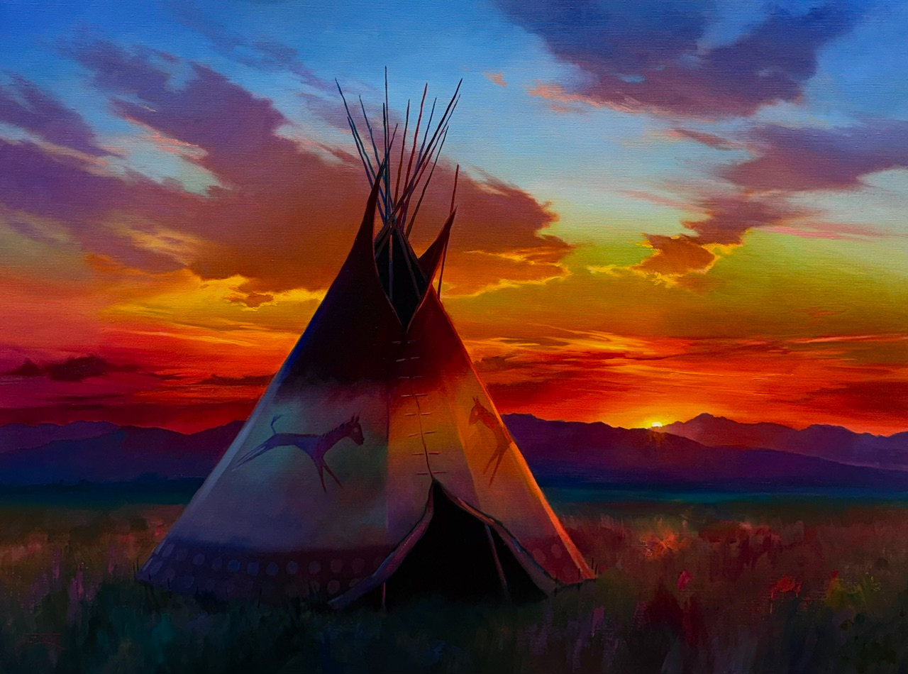 painting by Colt Idol of a teepee in front of a dramatic sunset