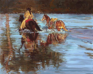 figural painting of a native american woman crossing a river with a horse in tow