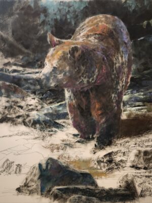 figural painting by Terry Donahue of.a bear standing on a rock near a creek