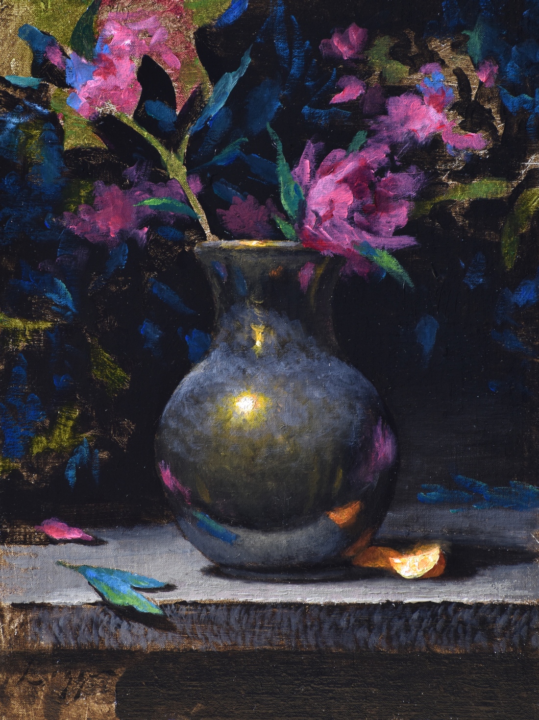 Still life painting by Jeff Legg of a dark colored metal vase with some dark pink blossoms