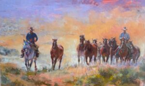 Figural painting by Juli eRogers of a band of Cowboys driving the horses home