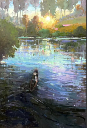 landscape painting by Michele Usibelli of a quiet pond with a reflection of light on the surface
