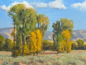 landscape painting by Rusty Jones of a stand of tress in the valley with a small herd of cows