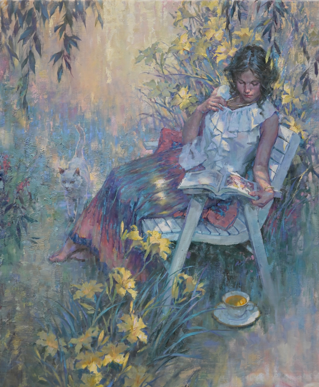 figural painting by John Michael Carter of a lady reclining in a garden chair with dappled sunlight