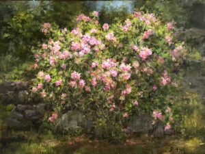 still life painting by Stephanie Birdsall of a big bush with green foliage and many pink flowers.