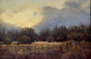 landscape painting by Shanna Kunz of a close up valley view with mountains and clouds in the background