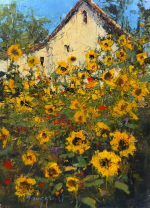 landscape painting by Romona Younquist of a small field of sunflowers in bloom in front of a white barn