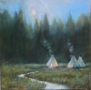 landscape painting by Lori McNeee depicting a small creek with several Tipis along the banks