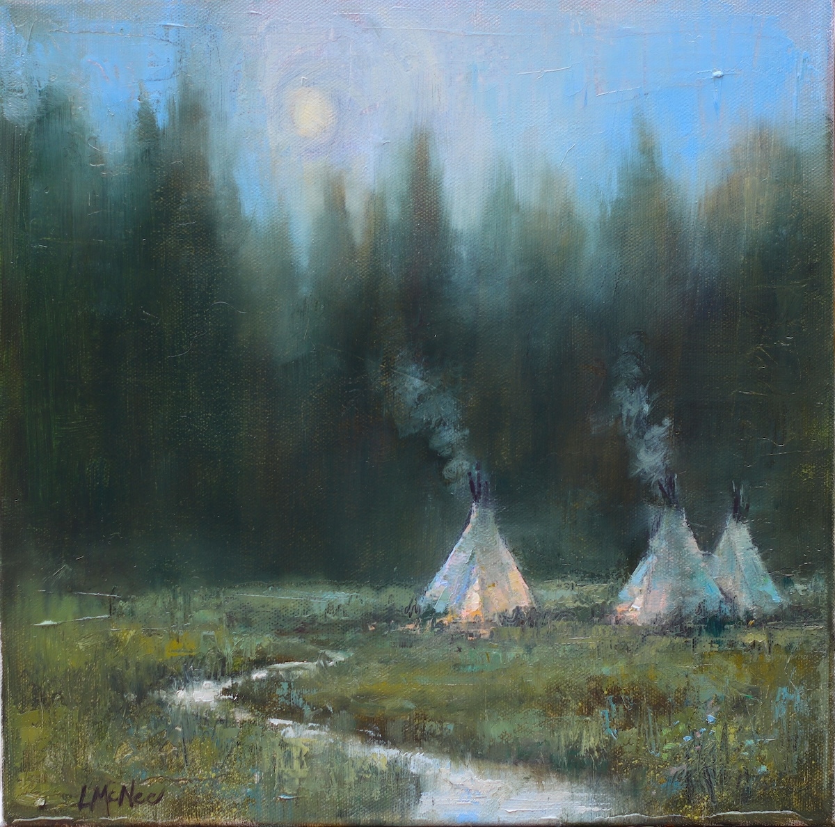 landscape painting by Lori McNeee depicting a small creek with several Tipis along the banks