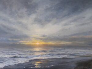 landscape painting by Paula Holtzclaw of a large body of water shimmering with the reflection of an evening sunset
