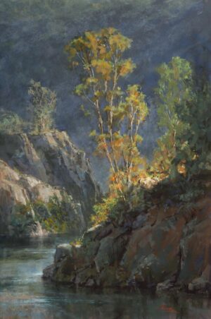 landscape painting by Kim Lordier of a tree growing on a rocky knoll in a mountainous place