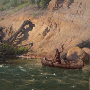 figural painting by bill farnsworth of a native american man in a canoe fishing