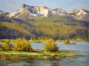 landscape painting by Greg Scheibel of Georgetown Lake in Montat, with a dramatic bacground of snow crusted mountains