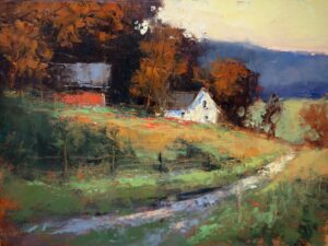 landscape painting by Romona Youngquist of a white house and a red barn