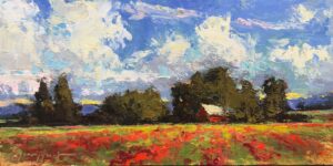 landscape painting by Romona Younquist of a white rural homestead with a field that contains rows of red dahlias