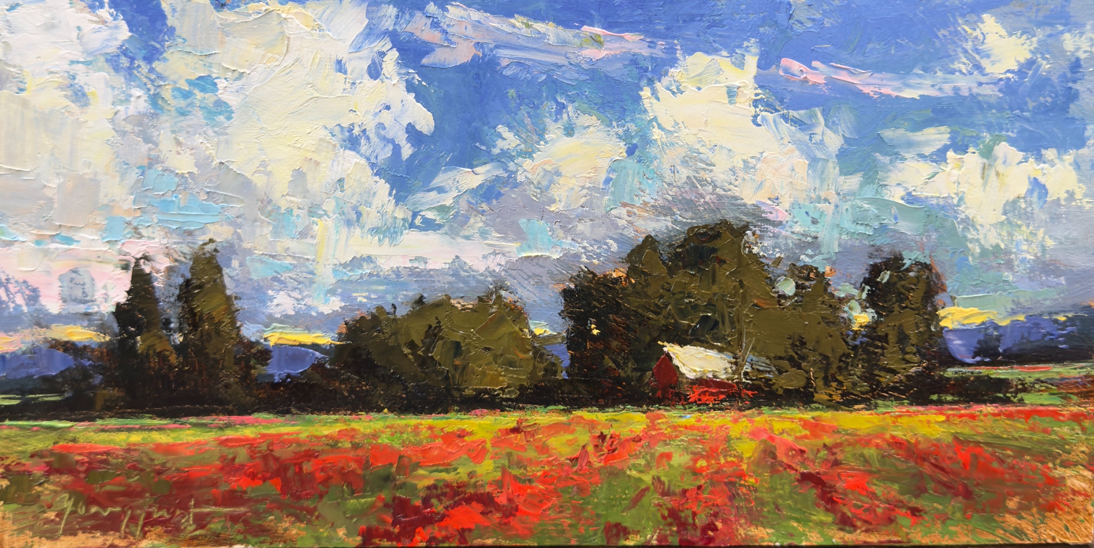 landscape painting by Romona Younquist of a white rural homestead with a field that contains rows of red dahlias