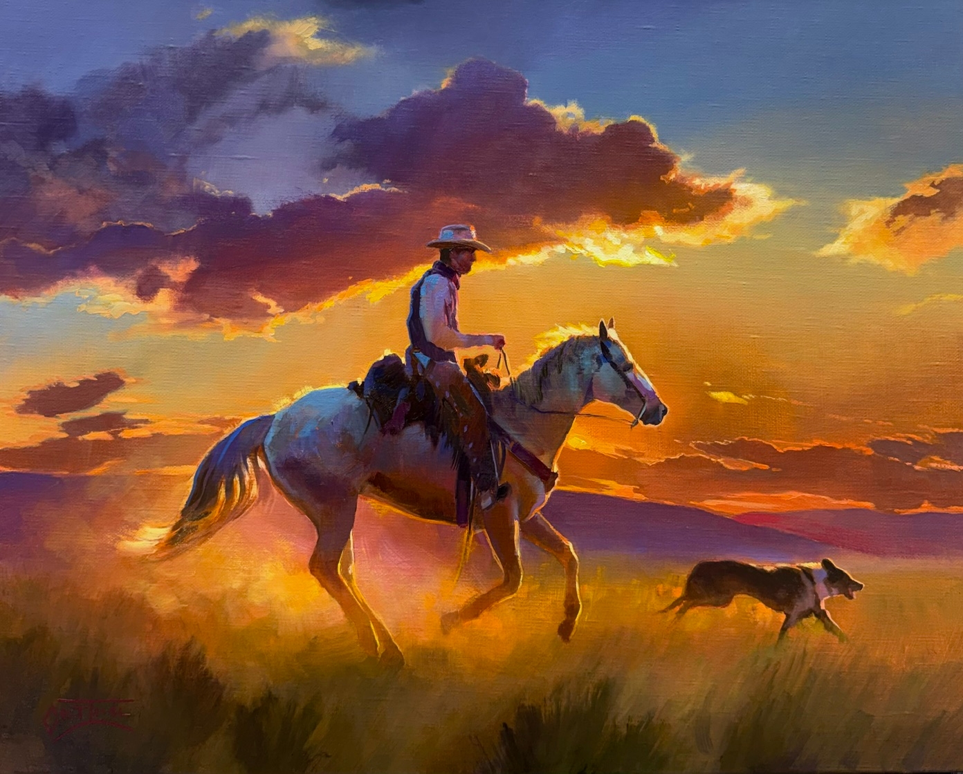 Figural painting by Colt Idol of a dog running ahead of cowboy on a horse. A vivid sunset in the background