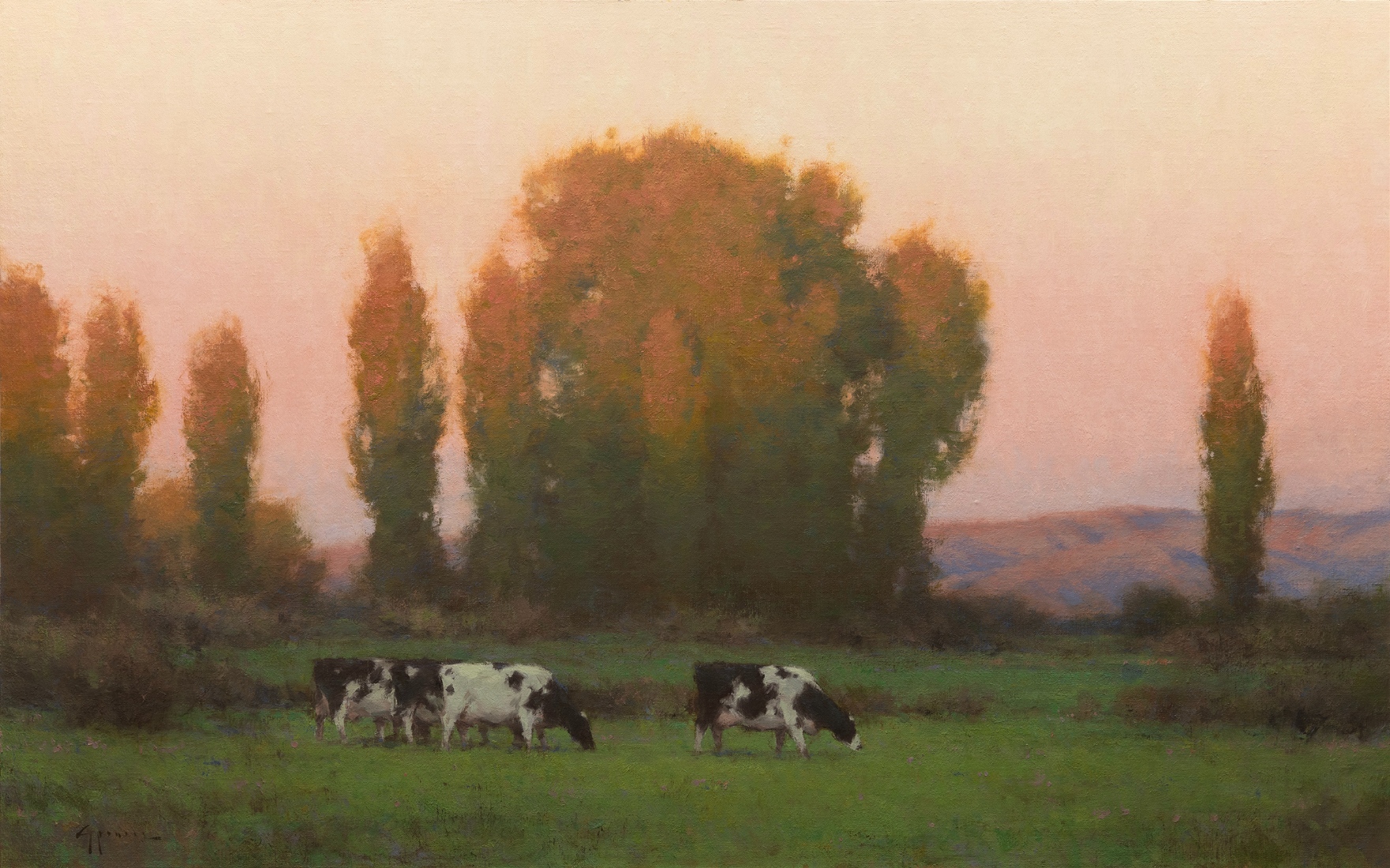 landscape painting by Ken Spencer of a stand of tall trees behind a small group of Holstein cows