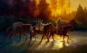 figural painting by Colt Idol of a cowboy on a horse, taking two other horses home