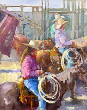 figural painting by Michele Usibelli of a mand and a woman on horses waiting at the starting gate