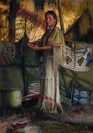 figural painting by ed kucera of a native america woman standing inside a tipi