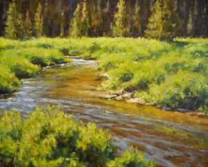 landscape painting by Greg Scheibel of Joseph Creek windin through green grassy banks with tree trunks in the bacground