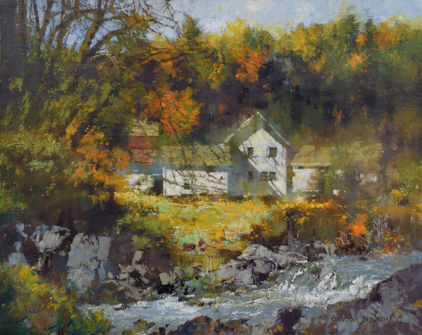 landscape painting by Michael Dudash of an estate viewed across a rushing, rocky lined river.