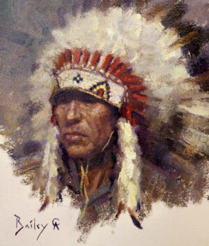 figural painting by Brandon Bailey of a Lakota Warrior wearing a headdress