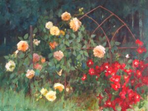 still life painting by Kathy Anderson of a rosebus with pale pink blooms,