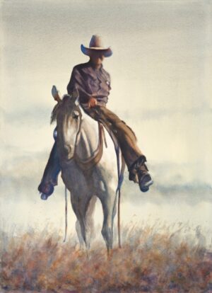 watercolor painting of a cowboy riding on a horse