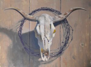still life painting by Rich Alexander of a cattle skull mounted on a wall with a long lasso