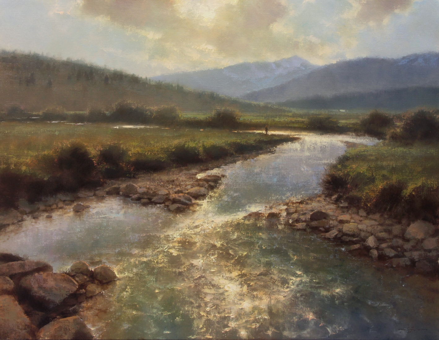 landscape painting by Brent Cotton of a mountain river with the reflection of a partly sunny sky on the water and mountains in the background