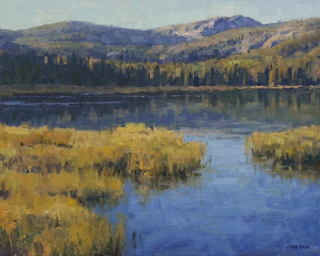 landscape painting by keith bond of Georgetown Lake with the mountain ridge in the background and also reflected in the still water