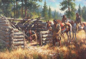 figural oil painting by Don Oelze depicting a small group of Native Americans around a small cabin that does not have a roof