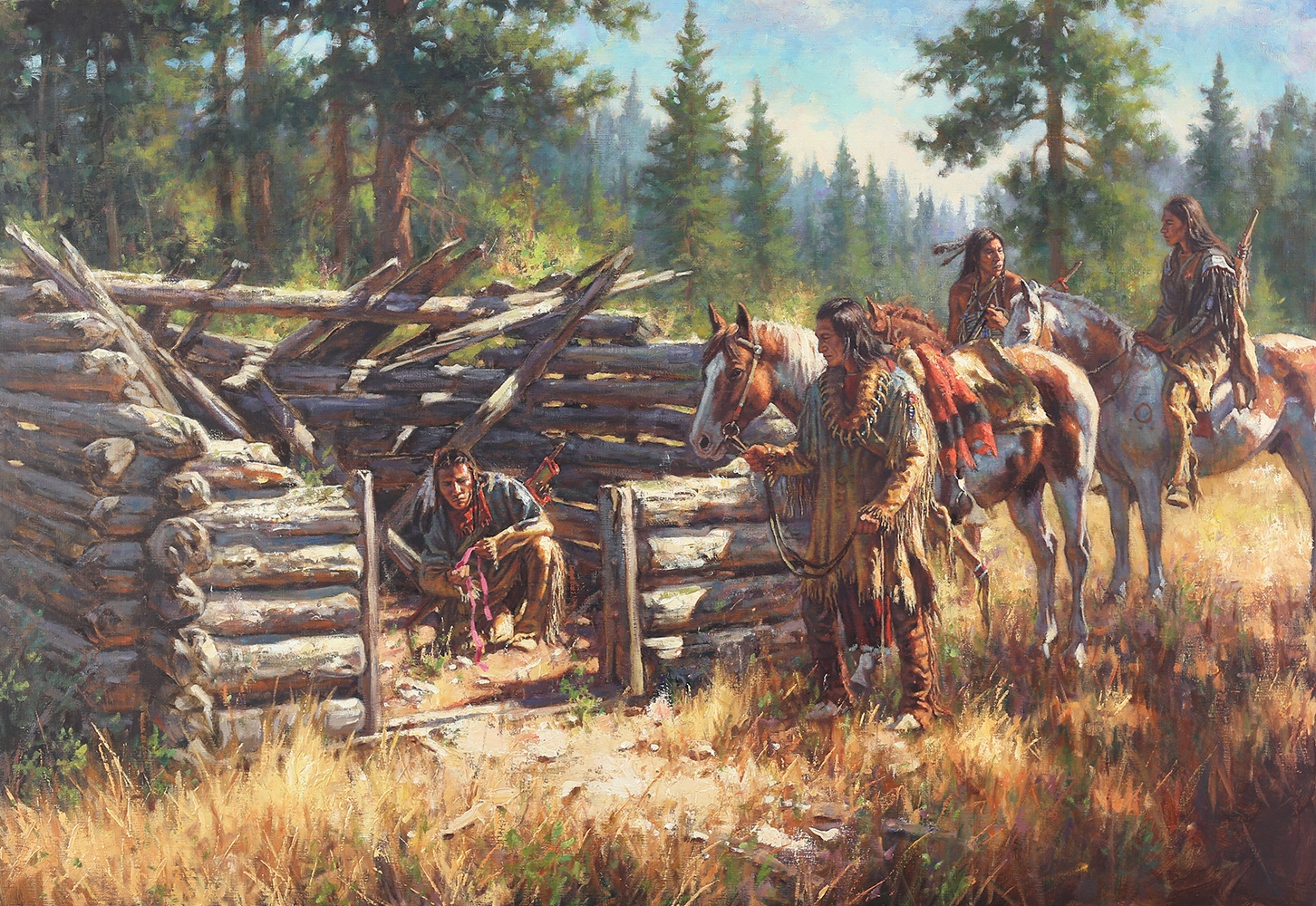 figural oil painting by Don Oelze depicting a small group of Native Americans around a small cabin that does not have a roof