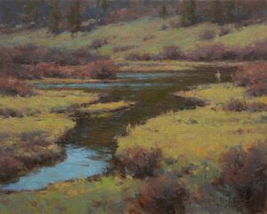 landscape painting by Ken Spencer of a mountain creek meandering through a valley