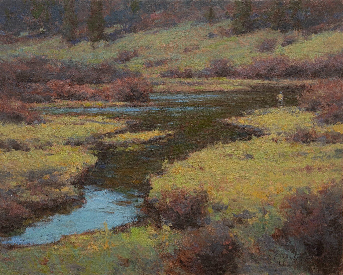 landscape painting by Ken Spencer of a mountain creek meandering through a valley