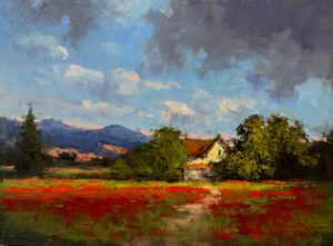 landscape painting by Romona Younquist depicting a filed of poppies, with a white barn in the background
