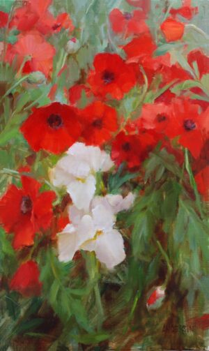 still life painting by Kathy Anderson of a close up of a bunch or red poppies and a single white iris